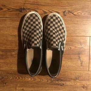 Gray and black checkered slip-on vans size 12